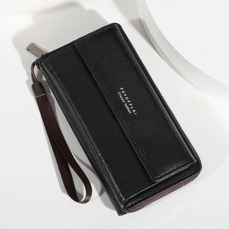 Men's black PU leather long wallet with multiple card slots, shown closed.