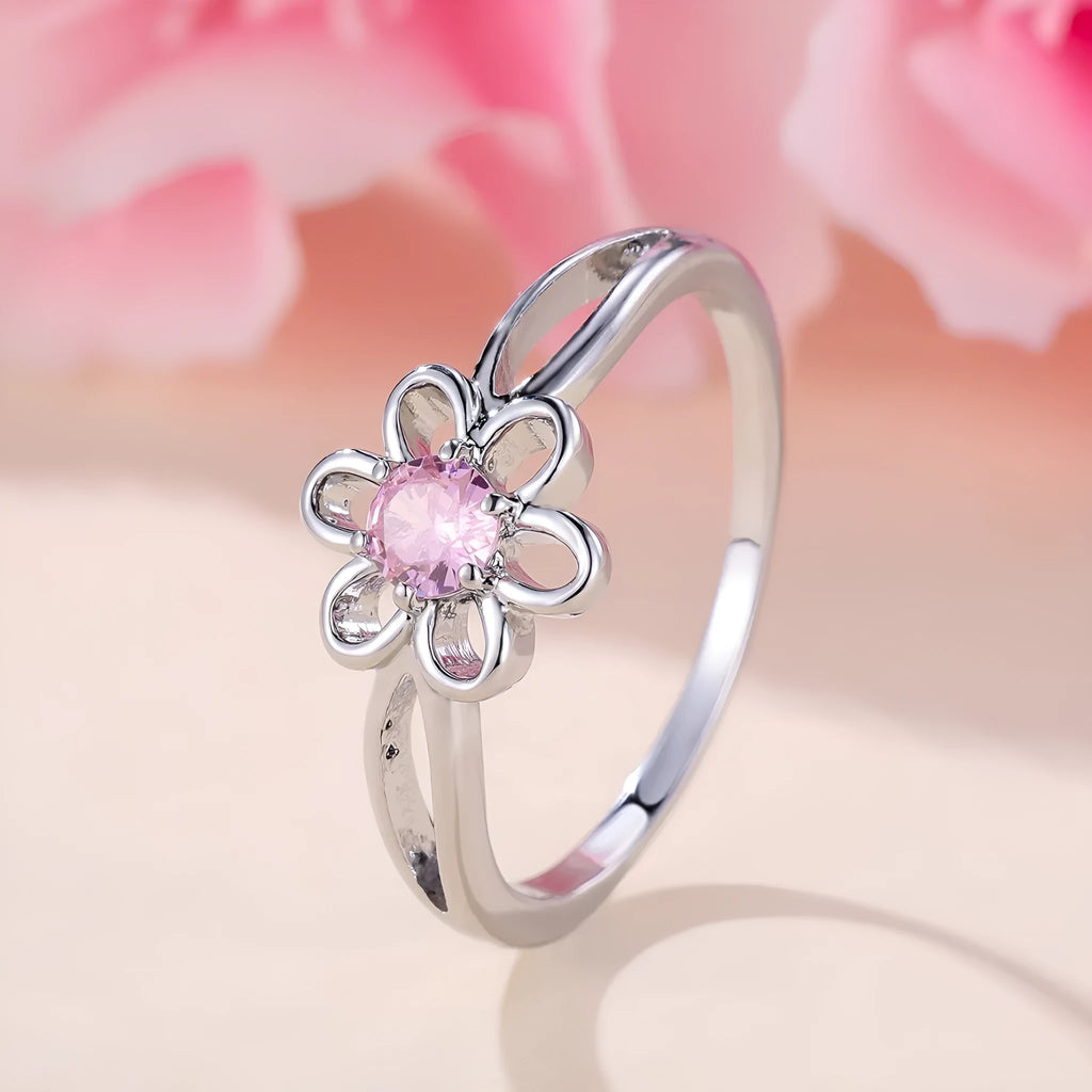 Women's copper ring with hollow floral design in electroplated platinum pink diamond colour