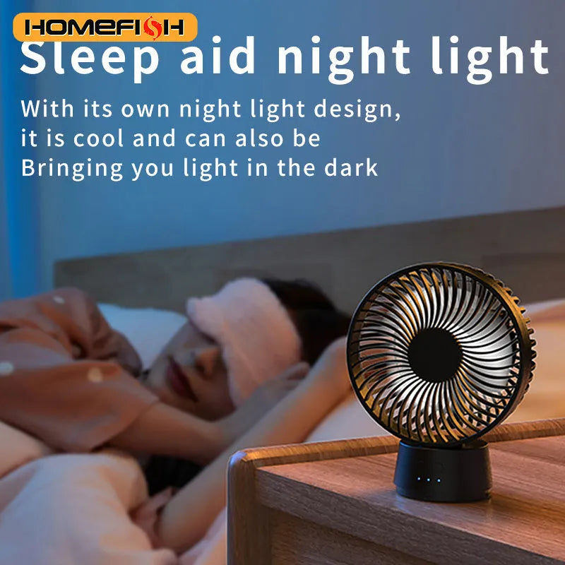 HOMEFISH F2 automatic shake head portable fan with LED light and removable bracket.