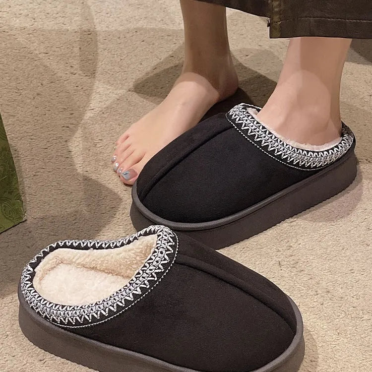 Women's suede cotton bag heel slippers in beige, warm indoor footwear for autumn winter with PVC sole