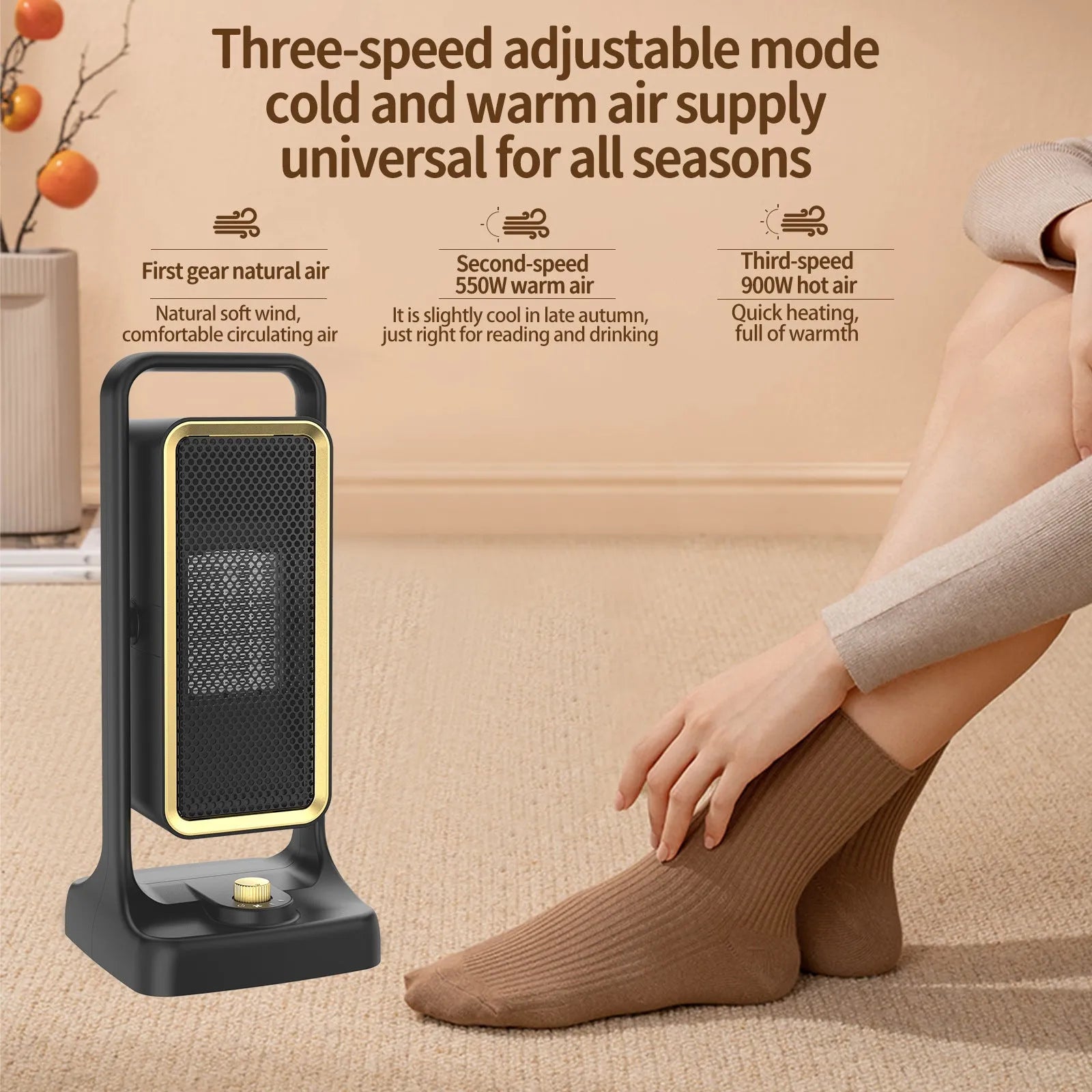 Black PTC ceramic desktop air heater measuring 14.9 x 11.1 x 33.5 cm