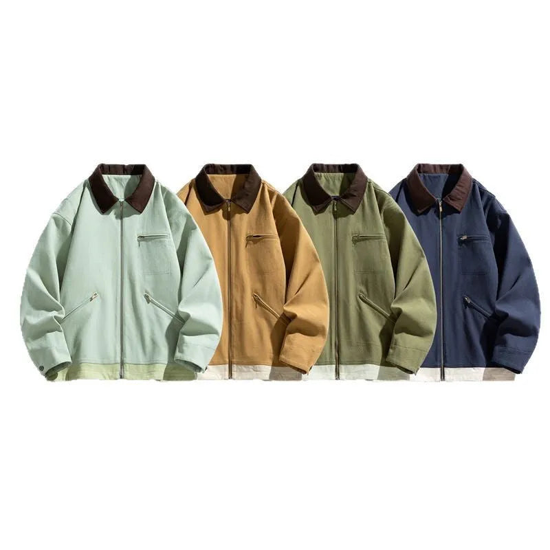 Korean style men's jacket with contrast lapels in polyester fabric with side seam pockets