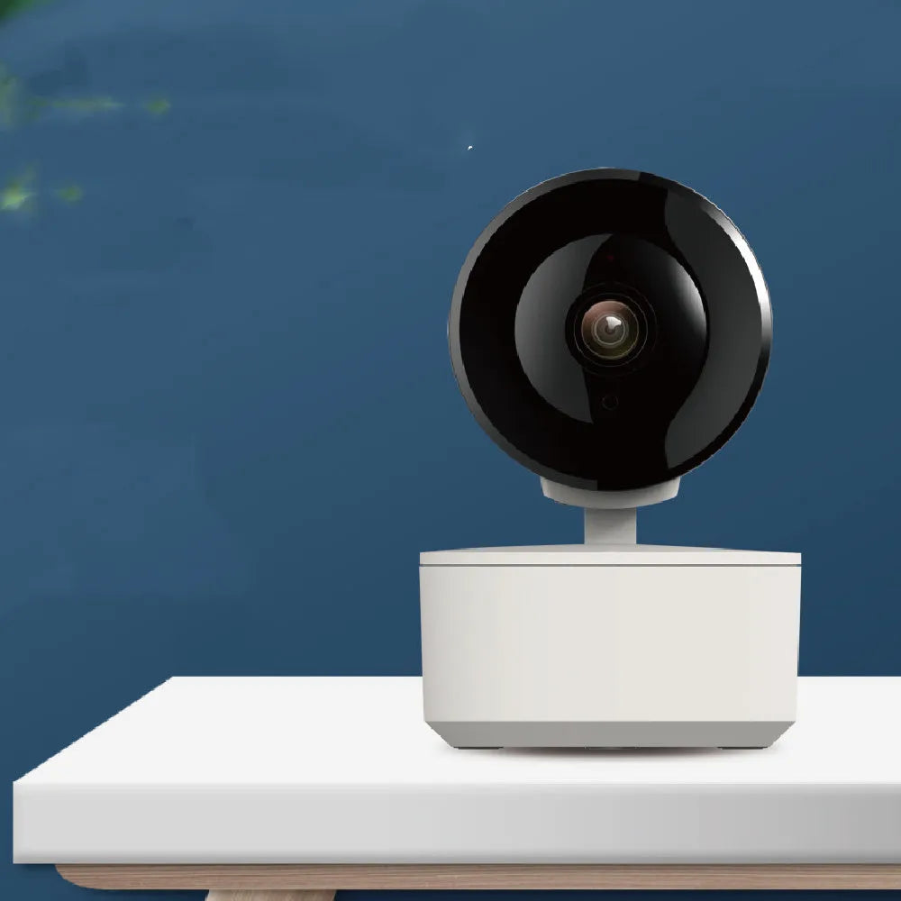 Indoor WiFi security camera with pan-tilt function showing 1080p HD and motion tracking features