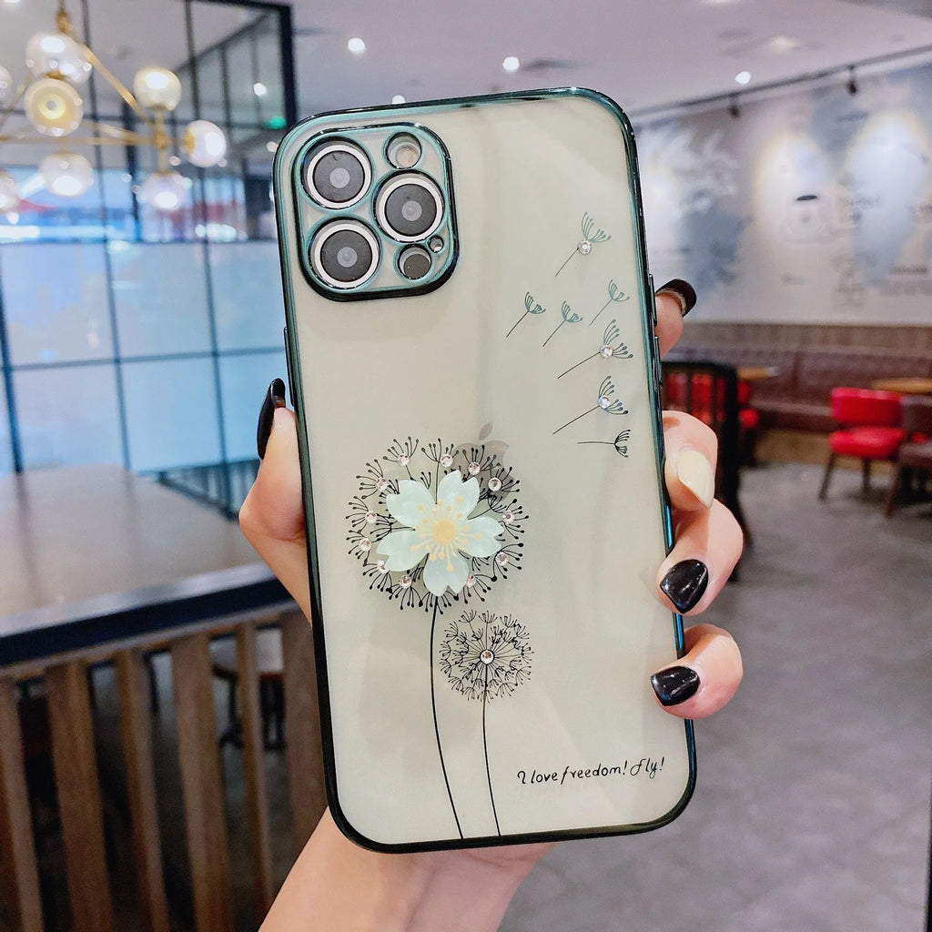 Green 3D flower spin stand phone case for iPhone on a table, showing built-in screen protector and stand.