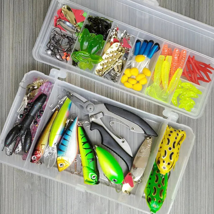 142-piece fishing lure set showing metal and plastic baits with sequins alongside fishing pliers