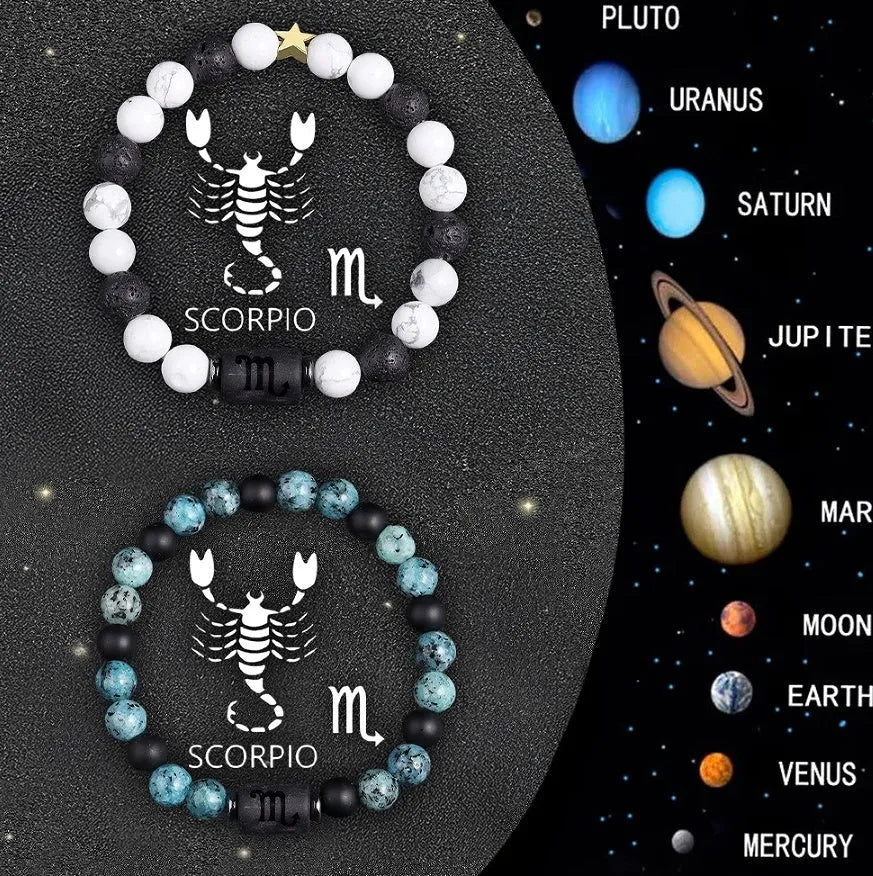 Twelve zodiac sign beaded bracelet set with natural stone beads and adjustable cords