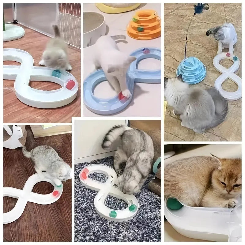 Blue and white cat turntable track toy with self-hi motion system and teasing wand