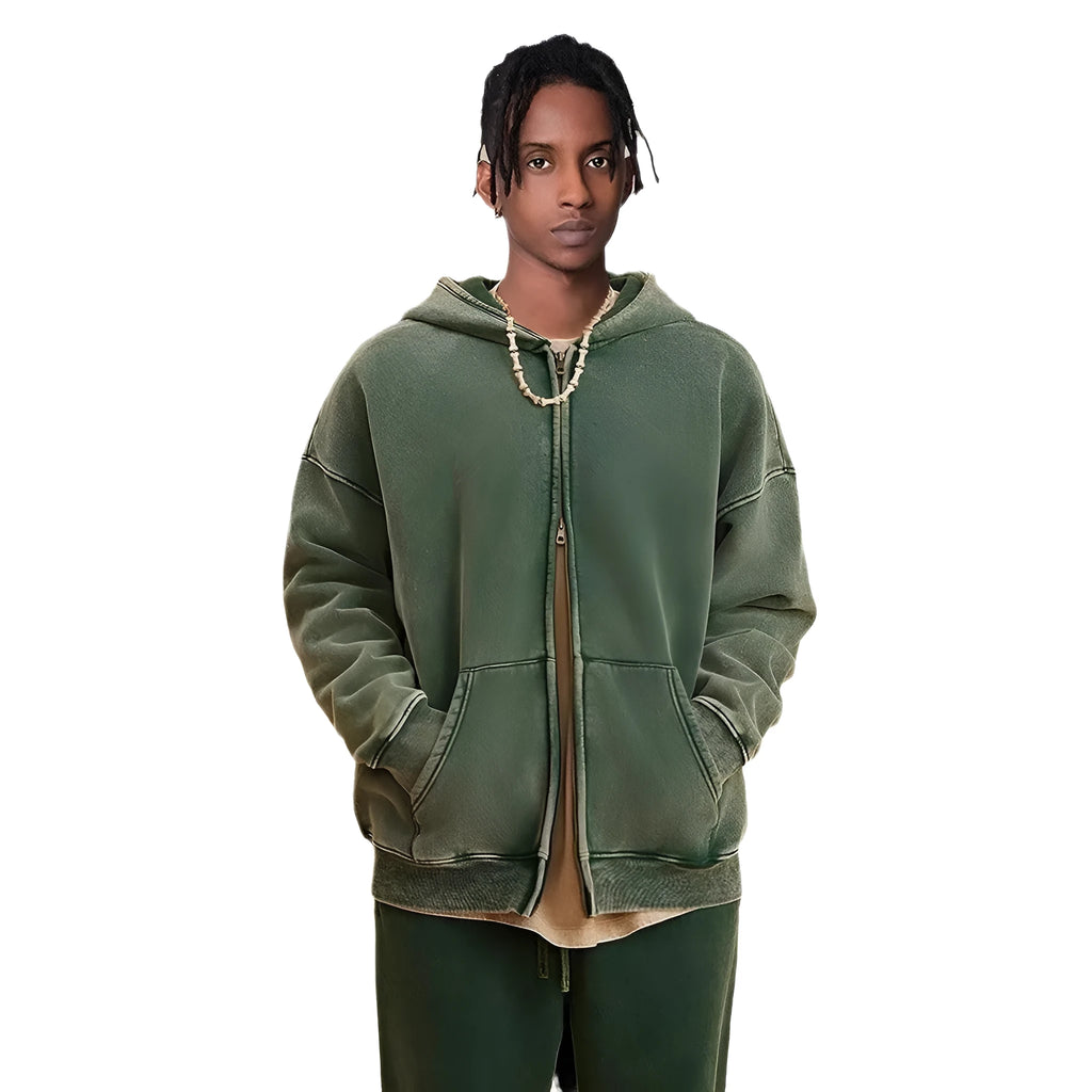 Men's washed hooded cardigan in dark green with fleece lining and double zipper