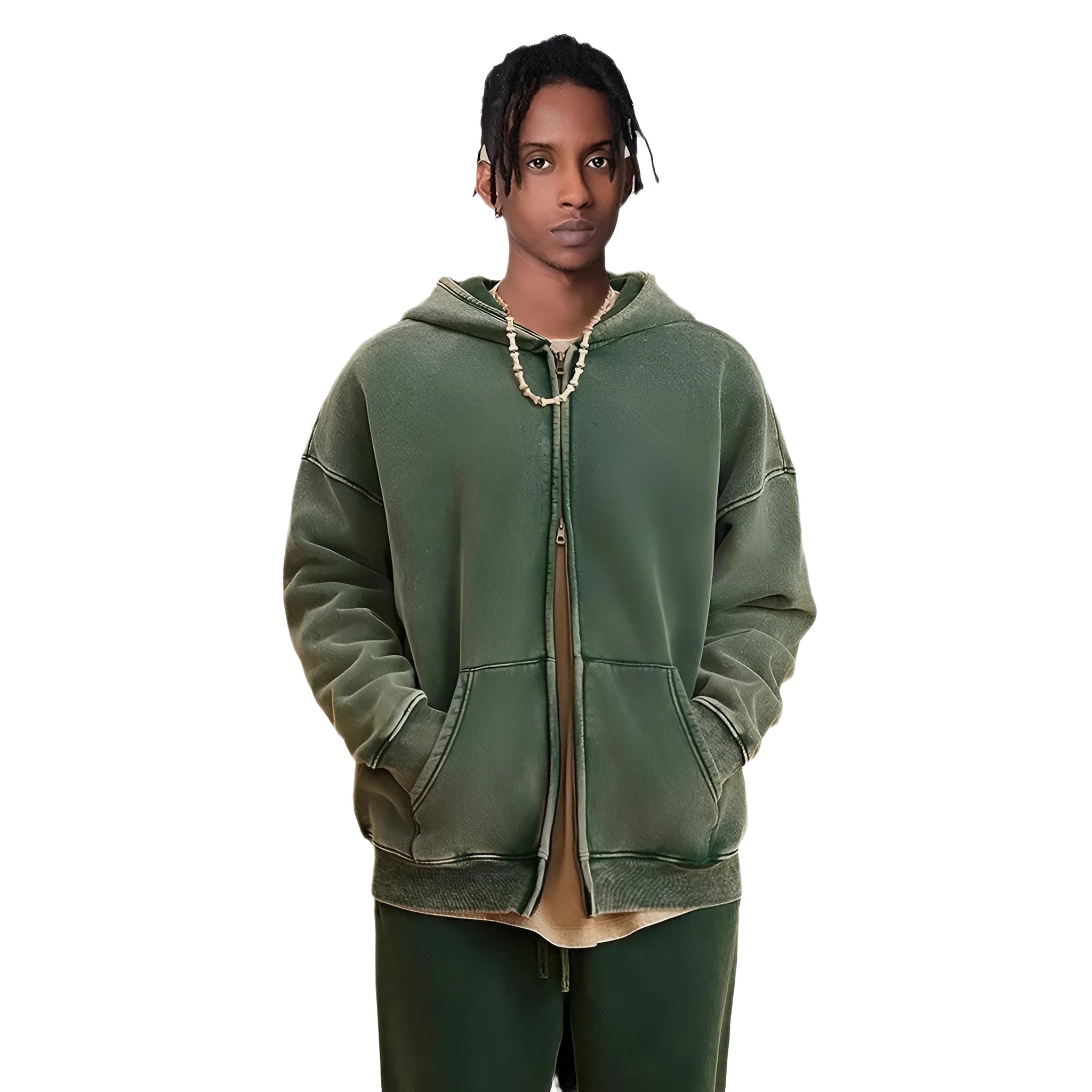 Men's washed hooded cardigan in dark green with fleece lining and double zipper