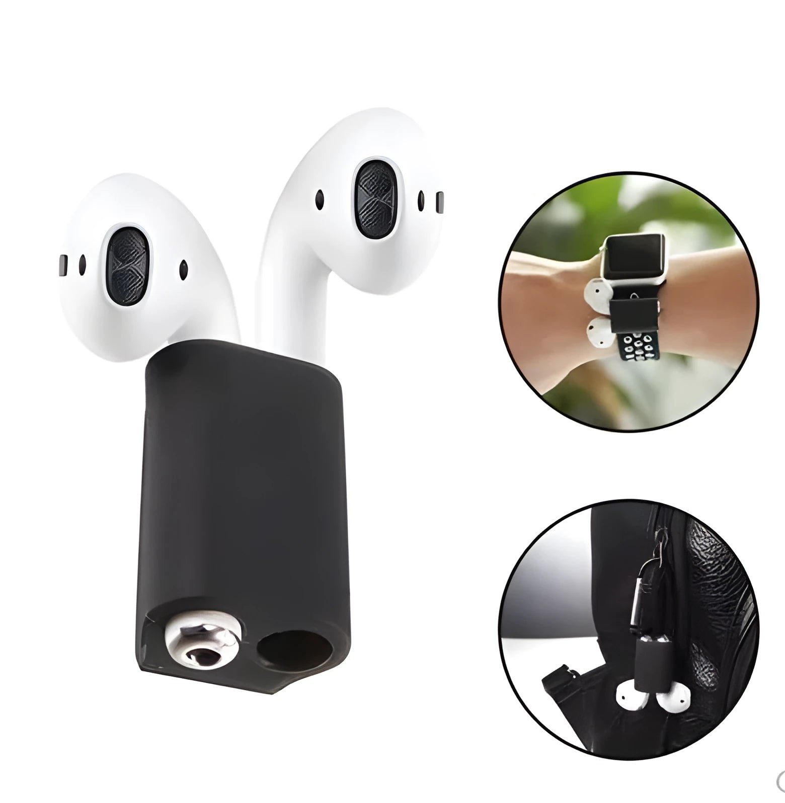 Black silicone AirPods holder strap attached to an Apple Watch band, measuring 2.5 cm x 1.8 cm