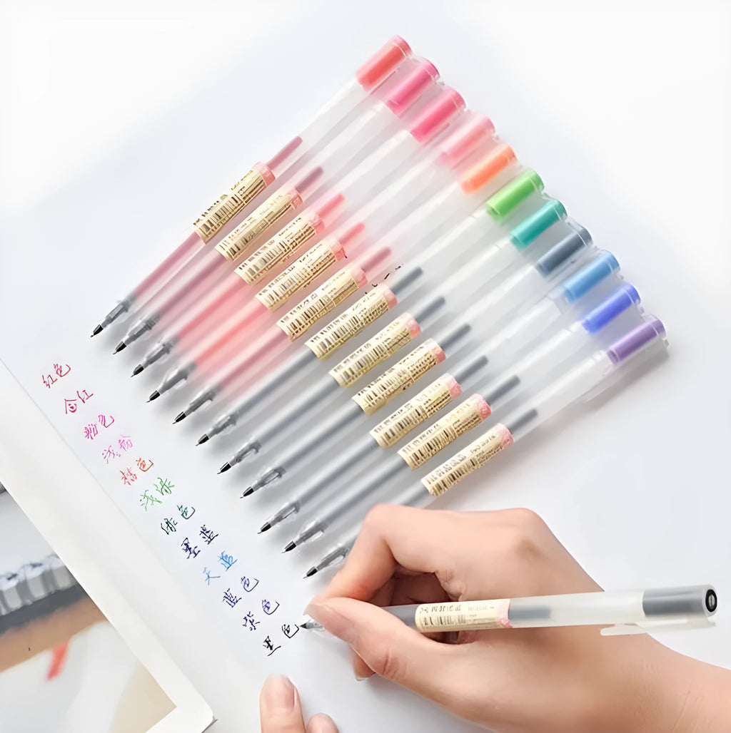 Pack of 12 black Muji gel pens with 0.5mm fine tips on a white background