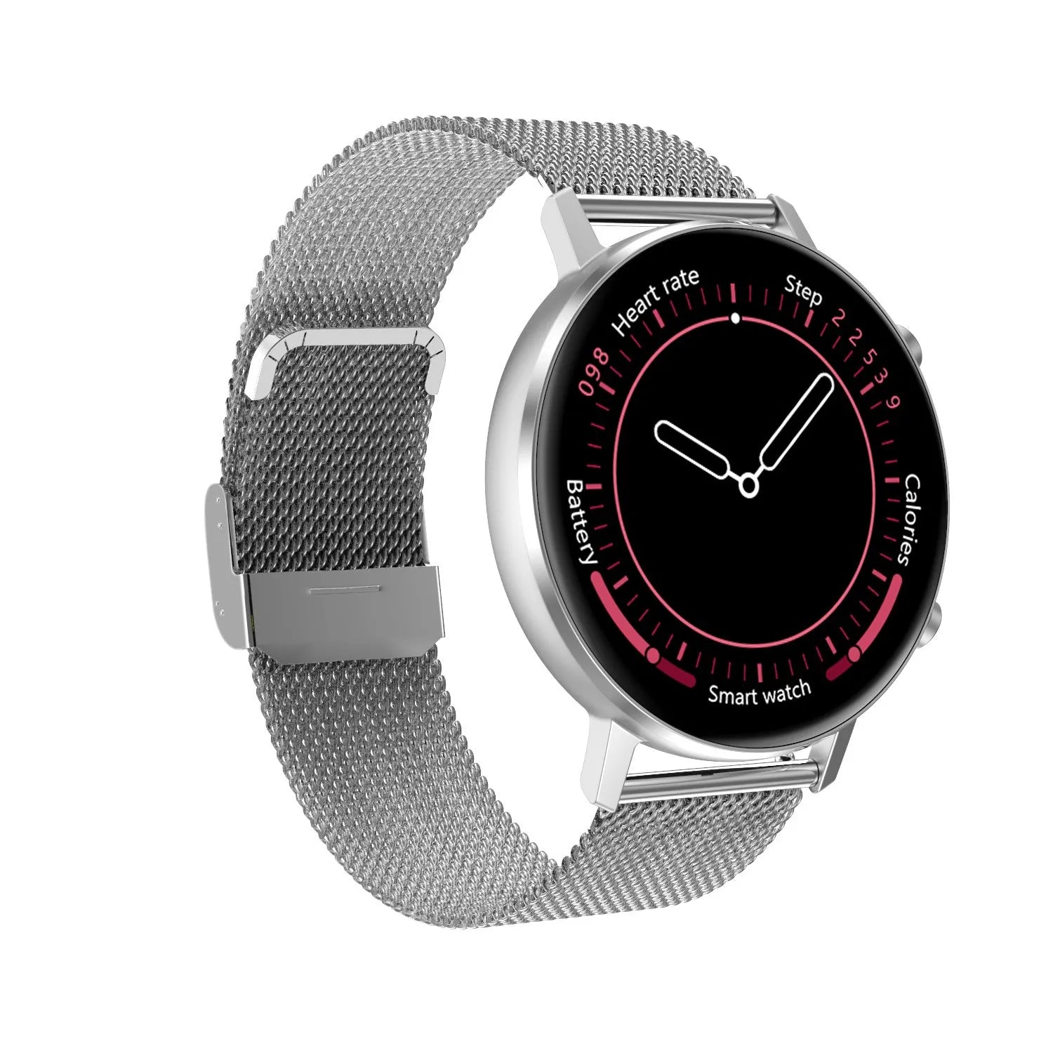 DT96 smart bracelet with 1.3-inch screen on a stainless steel strap in silver colour.