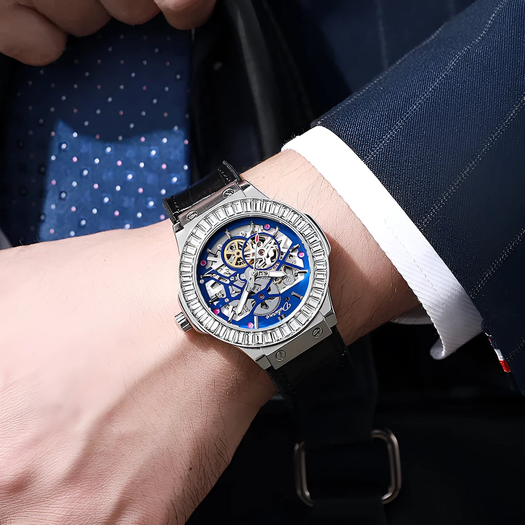 Automatic mechanical men's watch with hollow movement, diamond studding, and white shell case