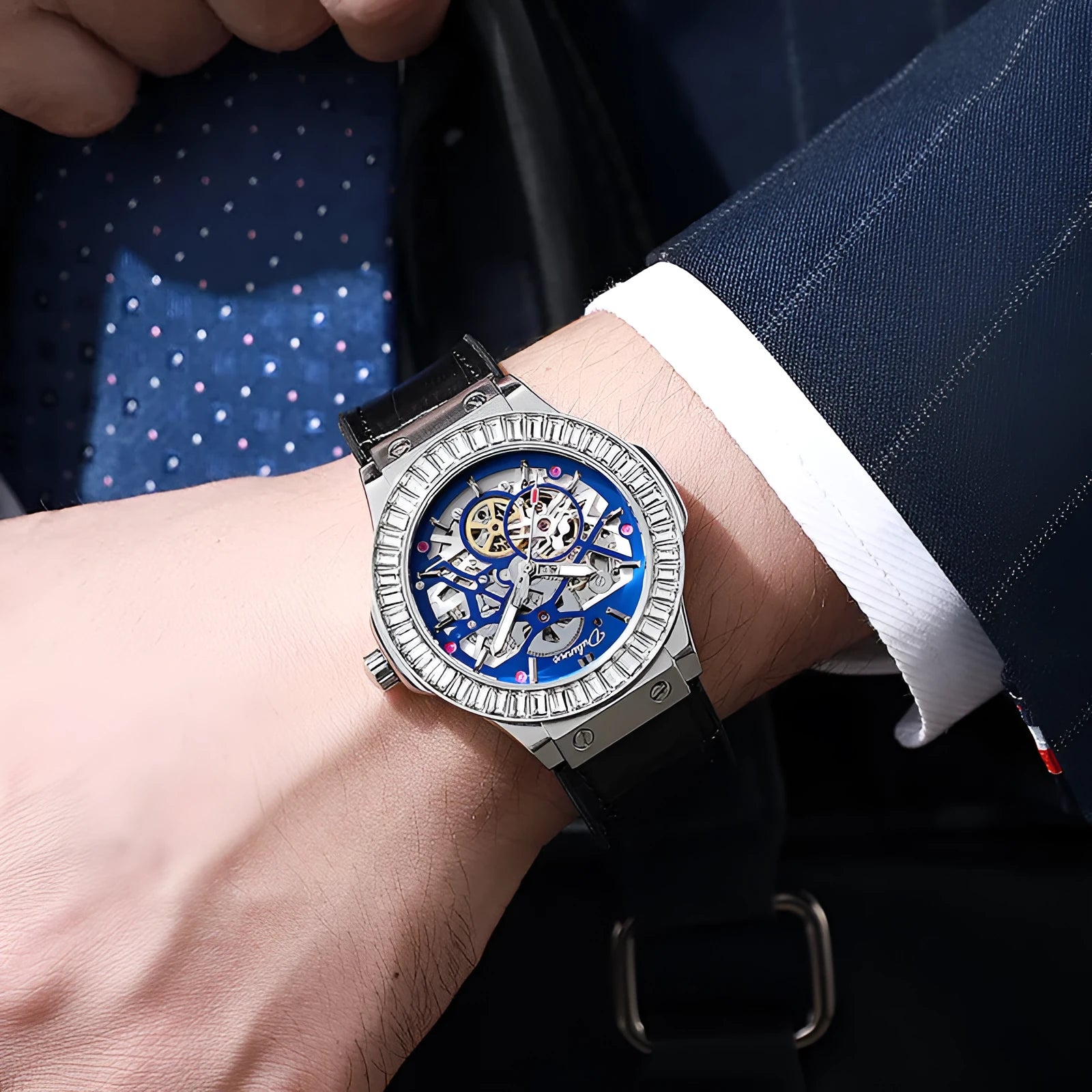 Automatic mechanical men's watch with hollow movement, diamond studding, and white shell case