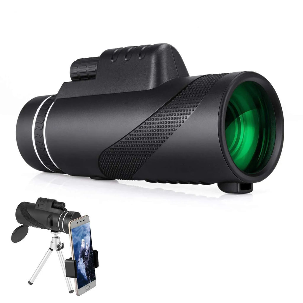 Black 40x60 monocular telescope with 144mm length showing objective lens and eyepiece