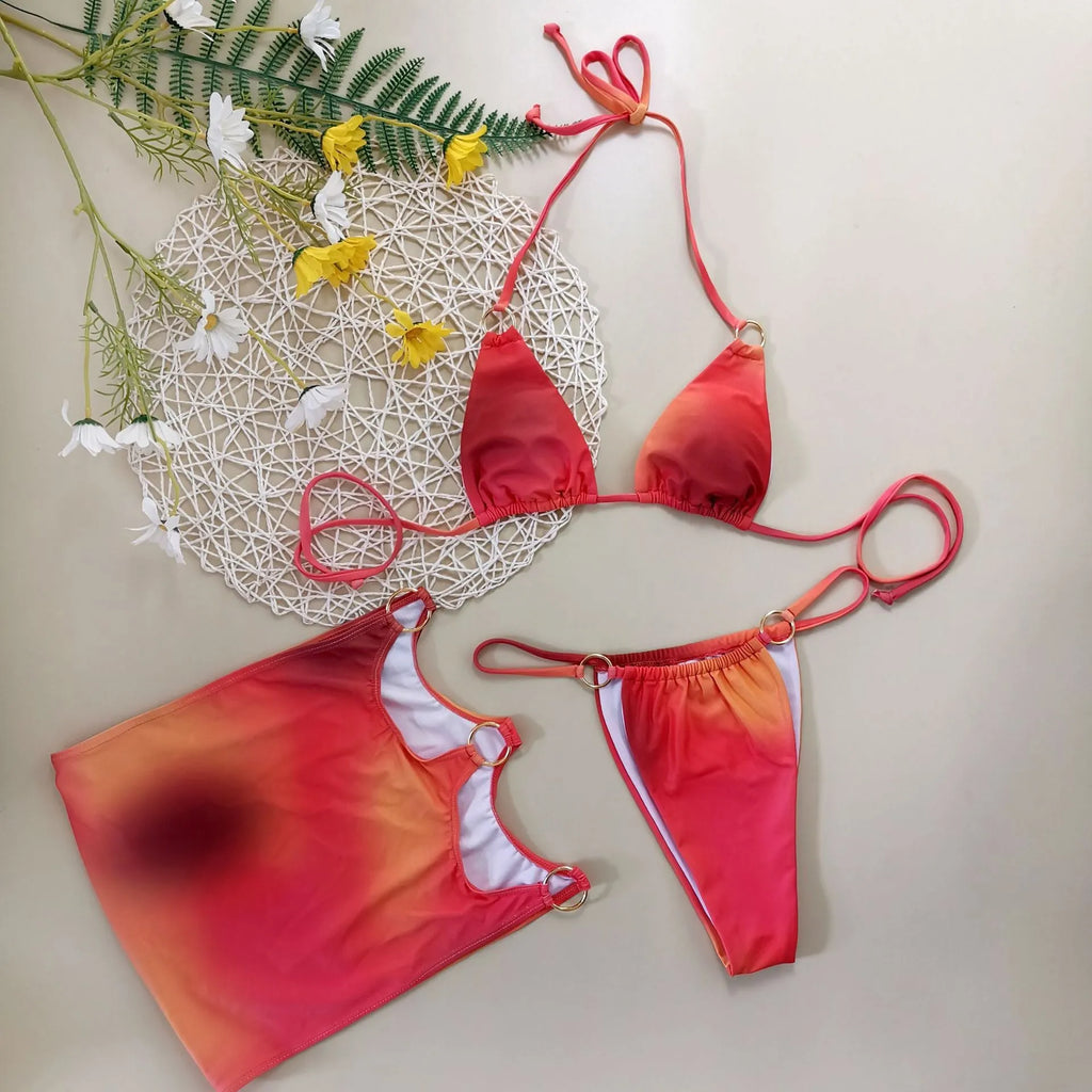 Tie-dye gradient halter bikini three-piece swimsuit set with skirt in quick-dry polyester fabric