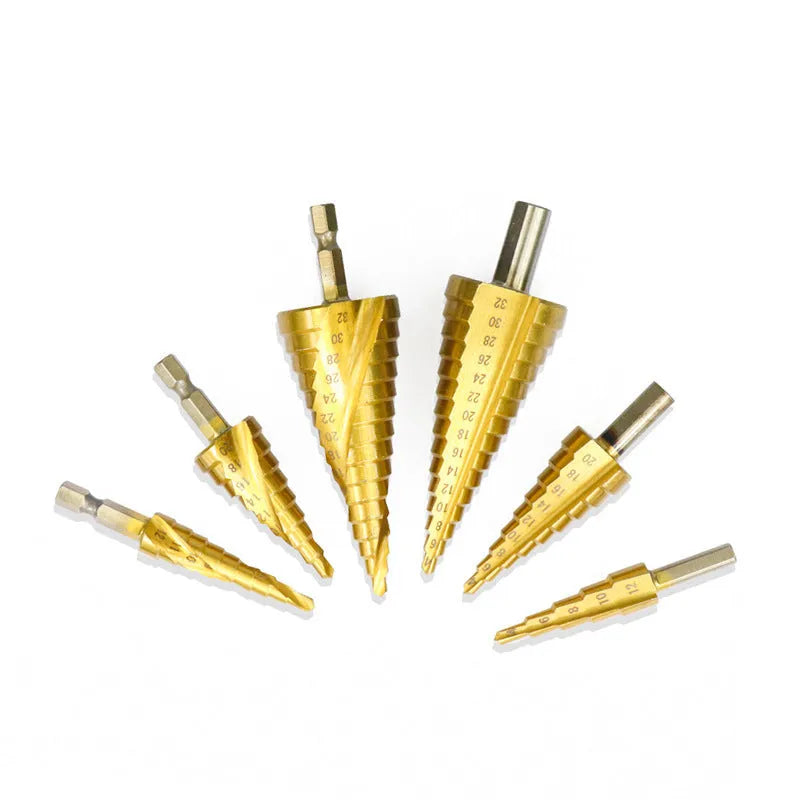 High speed steel cone step drill bits and a centre punch tool set for metal drilling.
