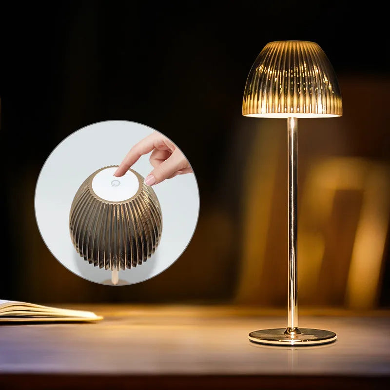 Modern dimmable night lamp with thin round base in black or white, USB rechargeable for bedroom and dining room