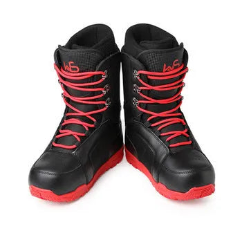 Men's black ski boots with tie laces, rubber outsole, and EVA midsole on a white background
