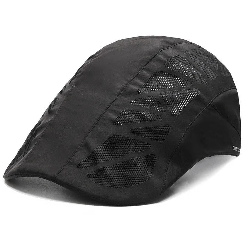 Adjustable mesh beret hat in grey with geometric pattern, curly brim, and dome top for summer sun protection