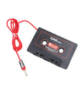 Black cassette tape adapter with a 3.5mm audio jack for connecting MP3 players to car stereos.