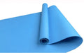 EVA foam yoga mat in blue, showing textured anti-slip surface, with a black OPP storage bag beside it.