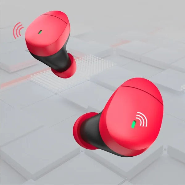 Flame red Qualcomm TWS 3040 wireless Bluetooth headset with earplug design and charging cable