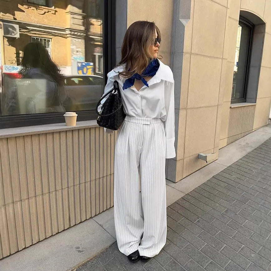 Women's white striped wide-leg loose fit trousers with front zip for commuting office wear