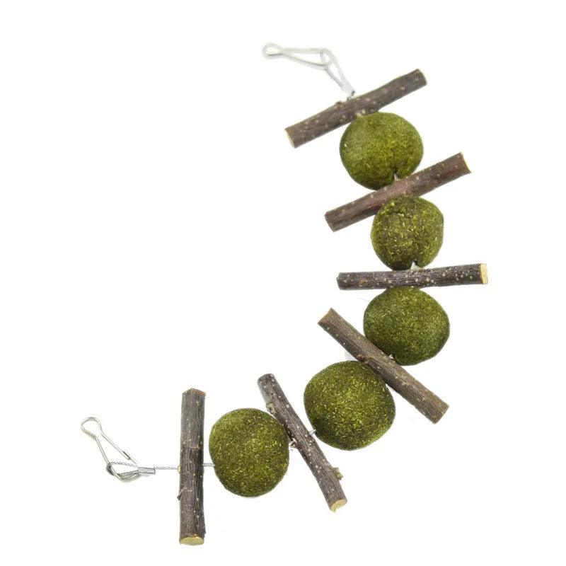 Set of five grass balls and six apple branch pet molar chew toys on a string, hanging against a plain background