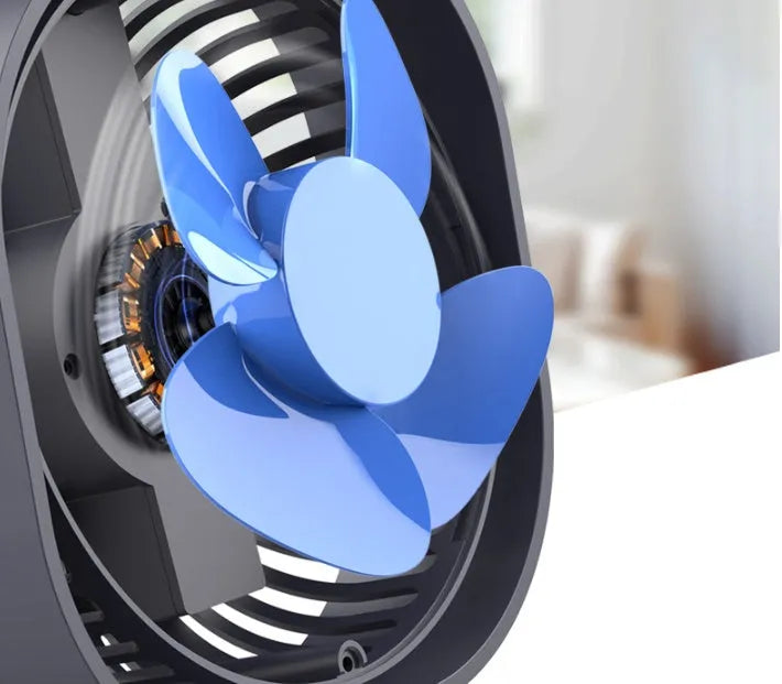 Compact USB desk fan in alarm clock style with blue colour finish, showing 360-degree rotation.