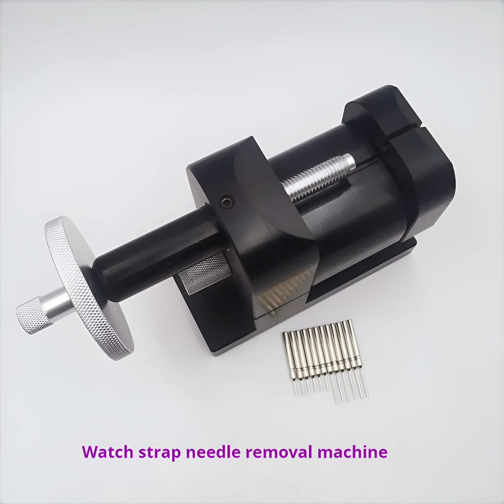 Alloy steel watch strap stripping machine tool set for watch repair on a workbench.