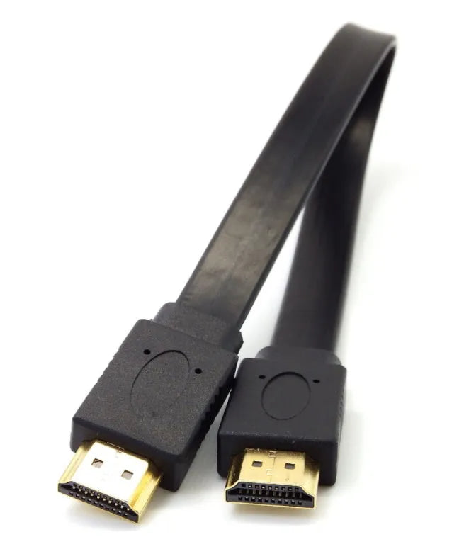 Flat black HDMI cable with male connectors showing length options from 0.3 to 10 metres