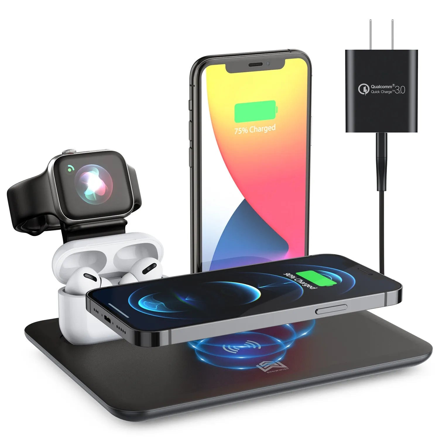 Black wireless desktop charging station with phone charging pad, watch USB port, and headphone charging port