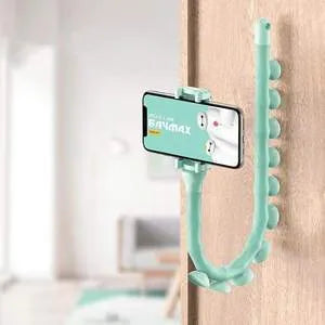 Black flexible phone holder with suction cup mounted to wall showing 62cm adjustable arm holding mobile phone