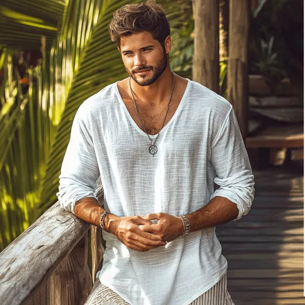 Beige men's V-neck long-sleeved slim fit T-shirt made from hemp blend fabric.