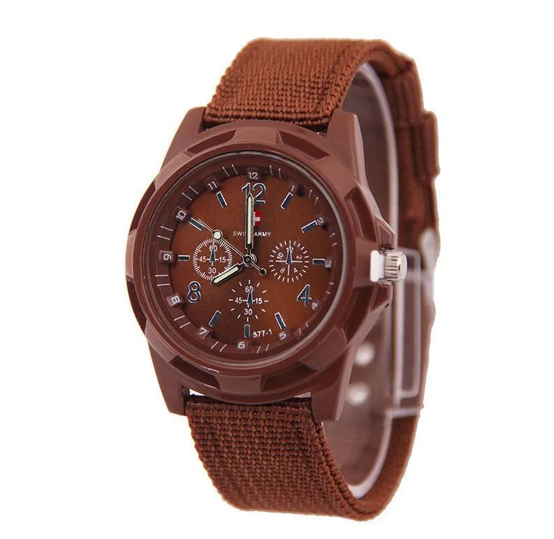 Cloth belt weaving military watch with quartz movement 40.5mm round dial and textile strap on display