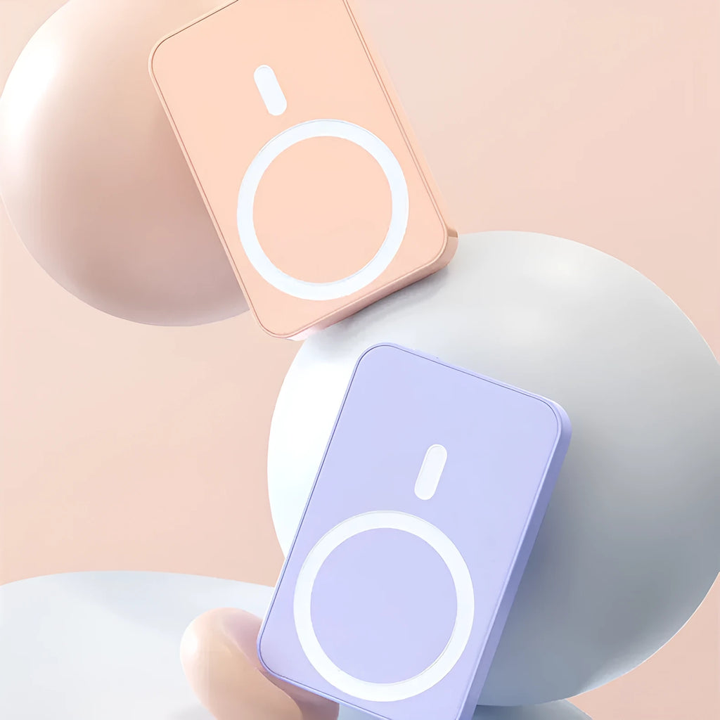 Pink magnetic wireless power bank showing dimensions 100x64x18mm