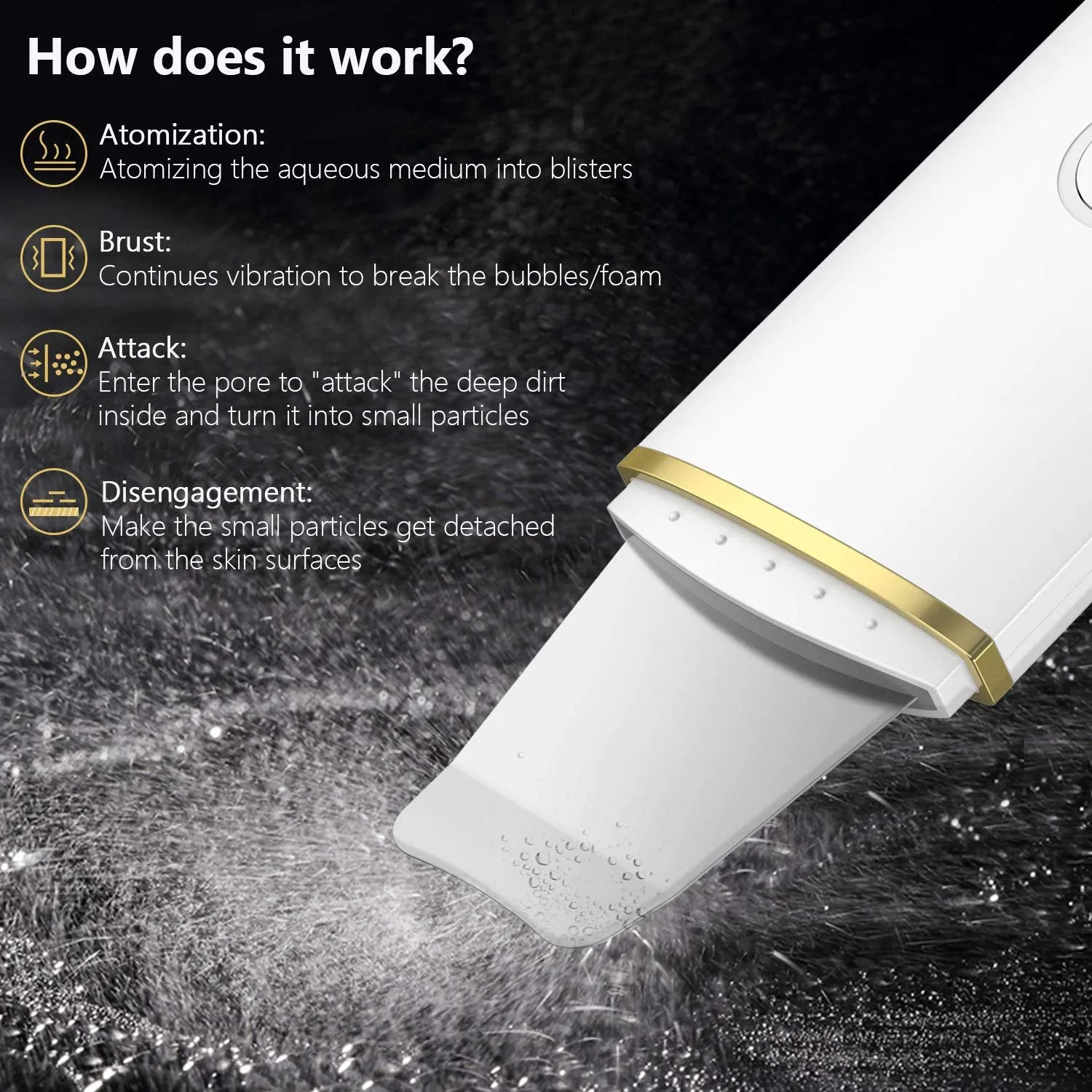 Pore cleansing facial device in golden finish with metal head, resting on a surface with USB cable