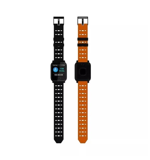 A6 compatible smart bracelet with colour touchscreen and silicone strap in black, blue, or orange options