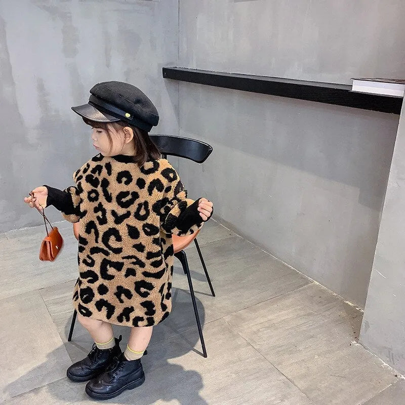 Girls long sleeve brown leopard print cotton blend top, sizes 80cm to 130cm