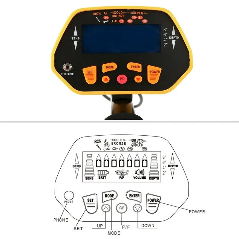 GC1028 black and yellow professional metal detector with LCD screen and waterproof search coil.