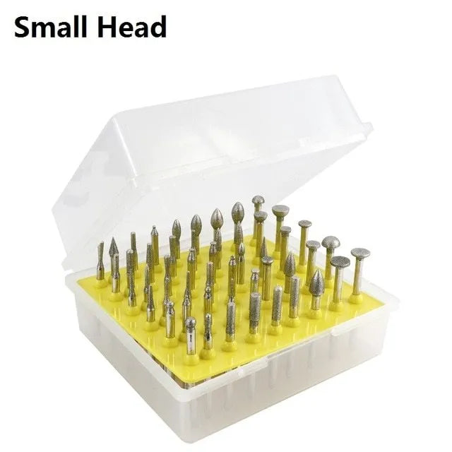 Golden diamond alloy grinding head with 3mm shank and elliptical cone shape for stone carving