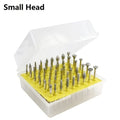 Golden diamond alloy grinding head with 3mm shank and elliptical cone shape for stone carving
