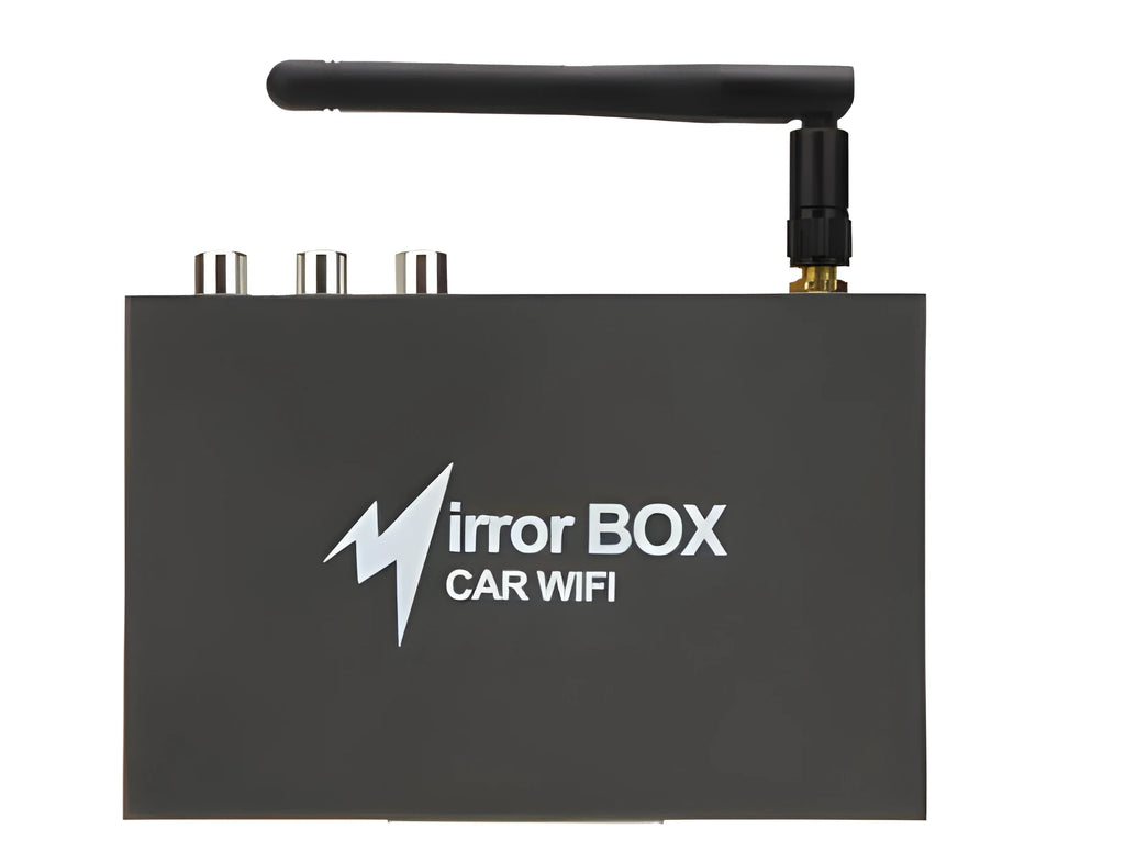 Black car mirror link box Wi-Fi A/V converter with power cable, antenna, AV cable, and manual for smartphone screen mirroring.