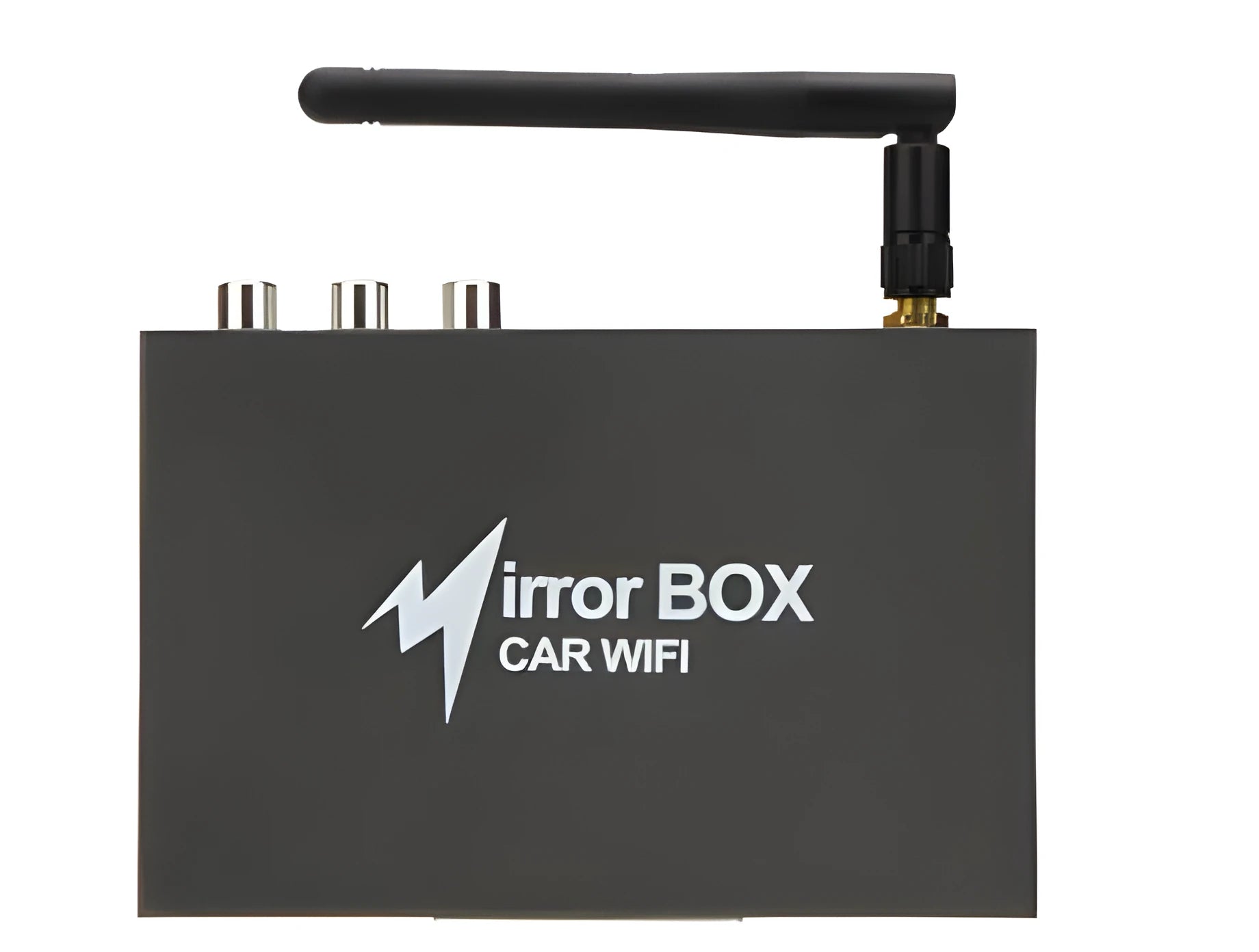 Black car mirror link box Wi-Fi A/V converter with power cable, antenna, AV cable, and manual for smartphone screen mirroring.