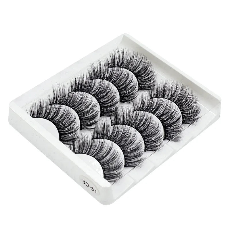Handmade thick long natural false eyelashes in 3D fiber construction, pack of 5 pairs