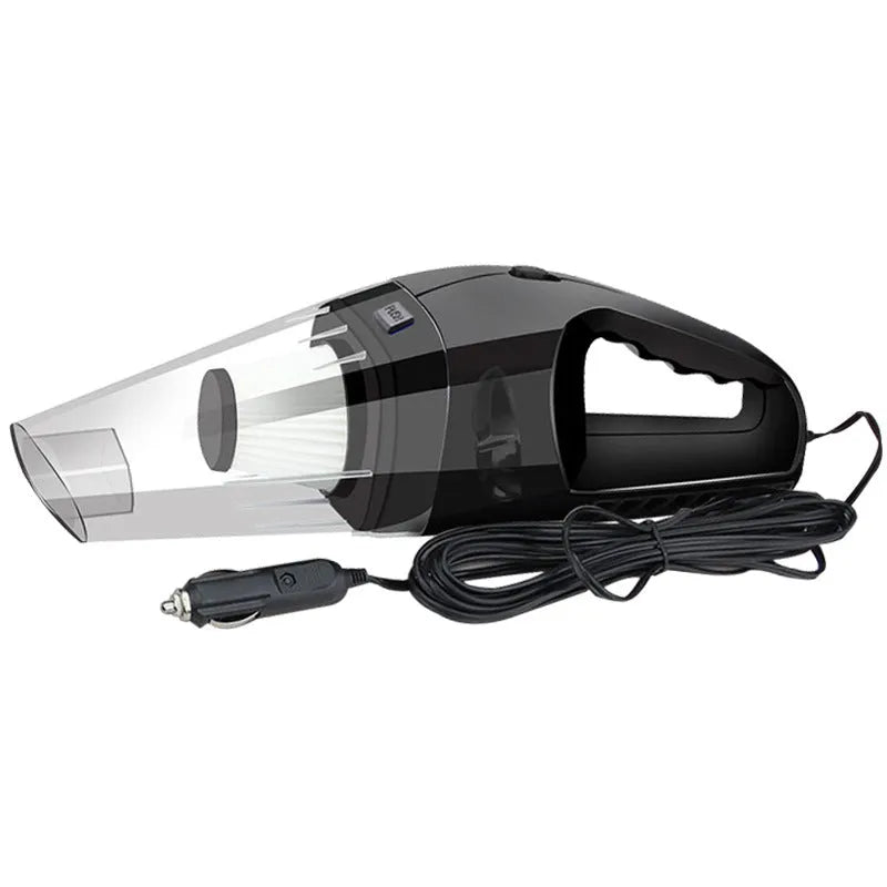 Orange and black handheld car vacuum cleaner with hose, nozzles, and a long power cord with cigarette lighter plug.