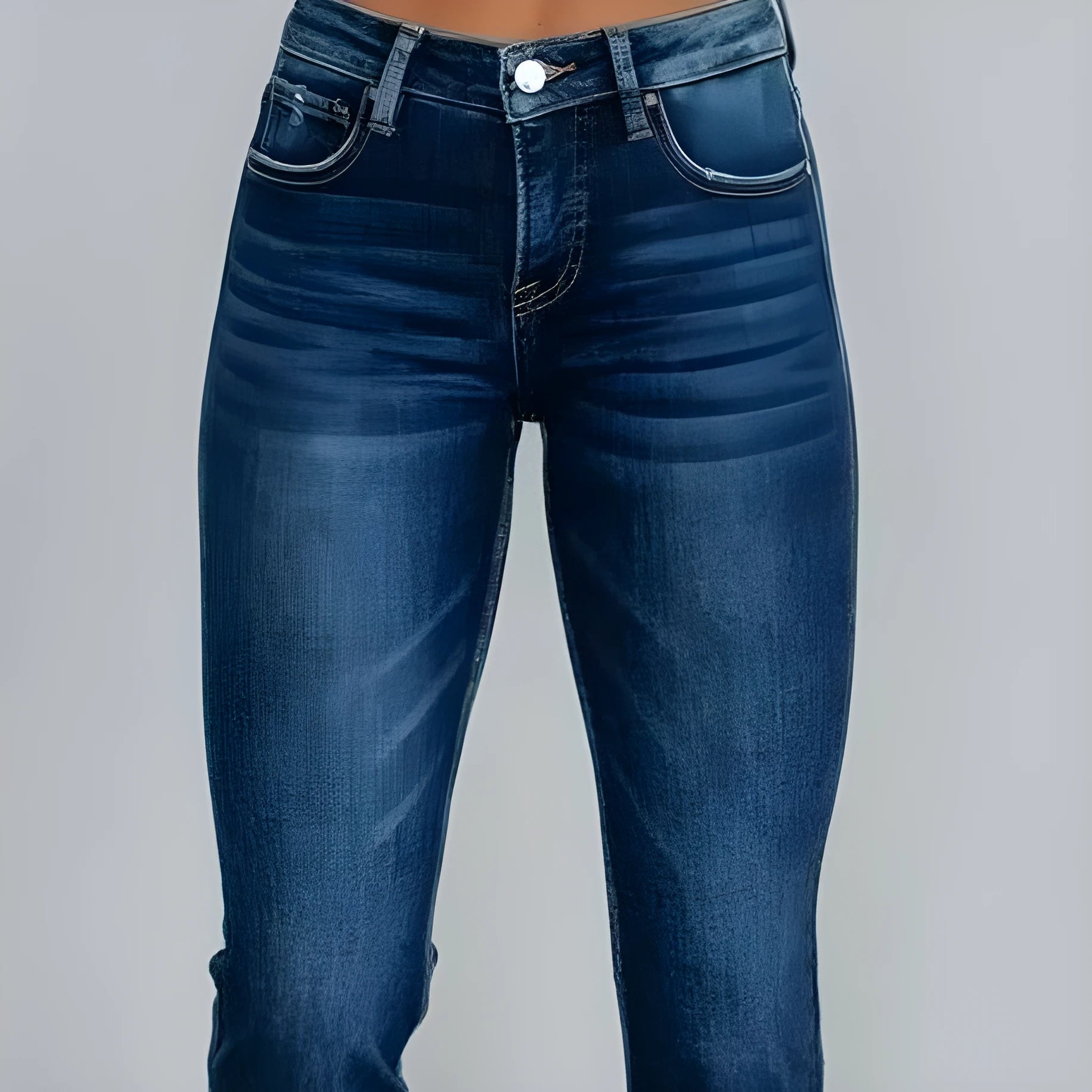 Women's solid colour casual denim jeans with hand-worn distressing in dark blue