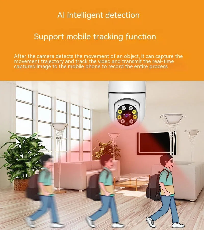 Wireless bulb security camera with plastic and metal housing measuring 5cm by 12cm