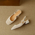 Women's beige woven hollow-out closed toe sandals with a square toe, buckle fastening, and chunky 4cm rubber heel.
